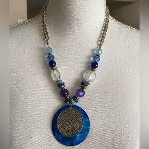 Ruby RD Blue Beaded Pendant Necklace with Silver Medallion